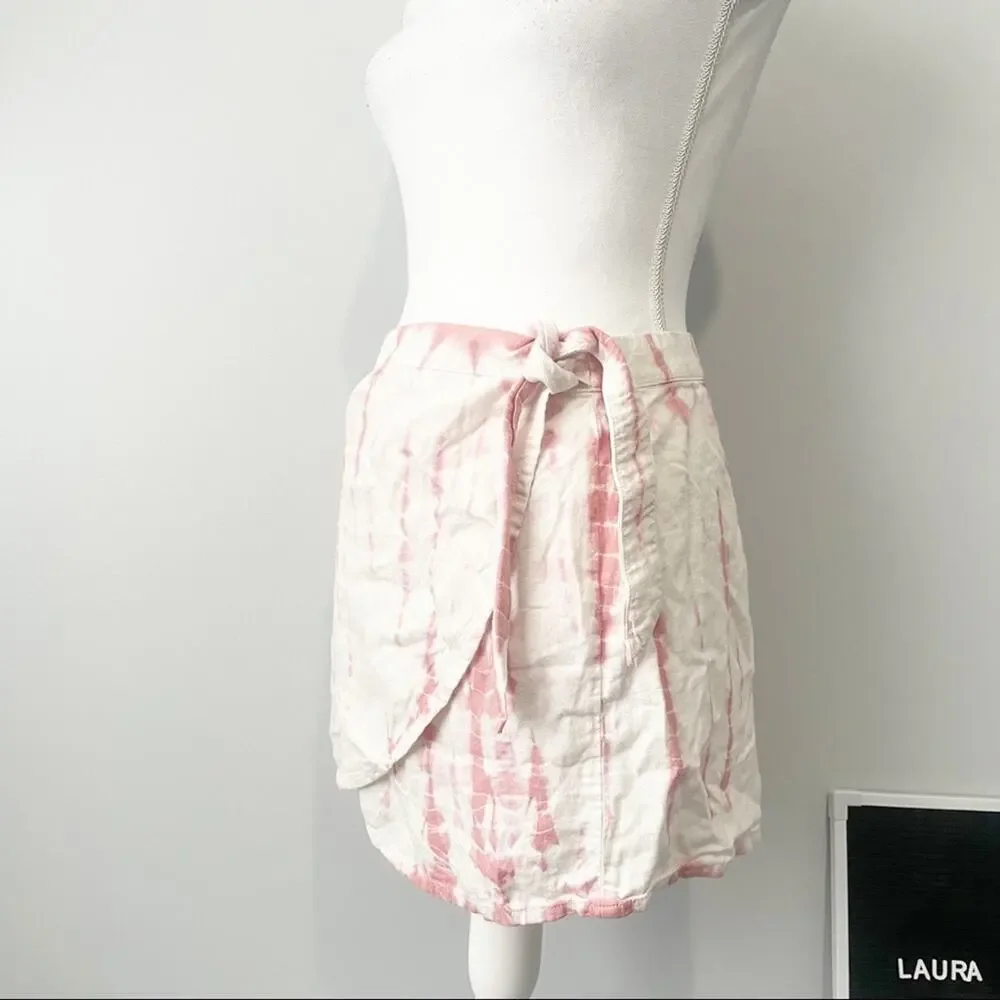 Free people pink tie dye wrap linen mini skirt size 6 resort beach